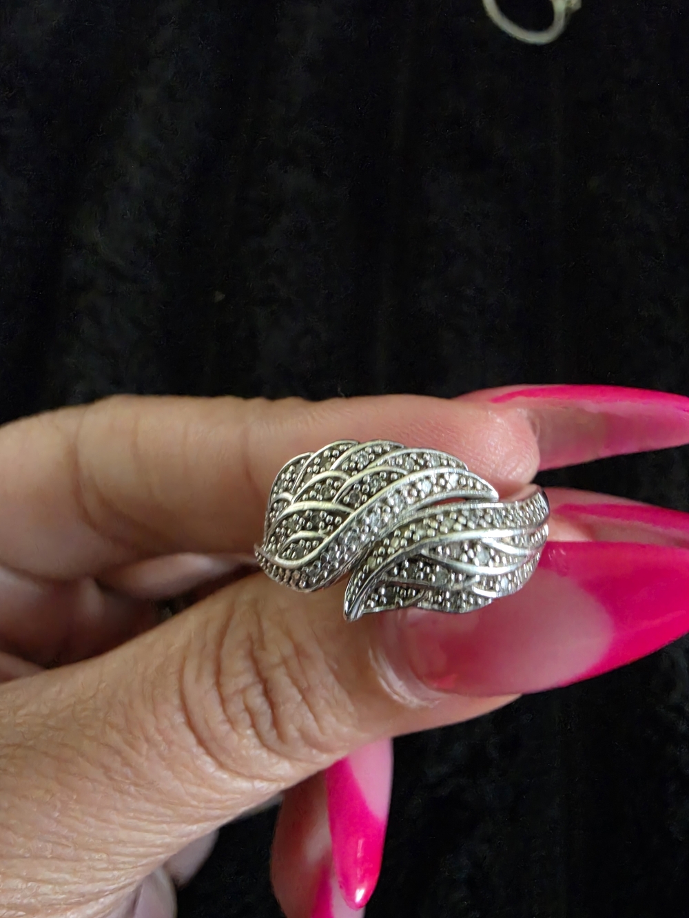 Elegant Silver Ss925 Diamond Leaf Statement Ring - Women's Jewelry